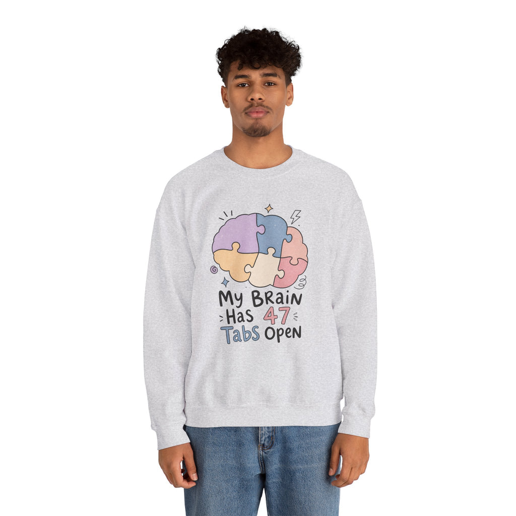 My Brain Has 47 Tabs Open Sweatshirt - Ash - On Model Male