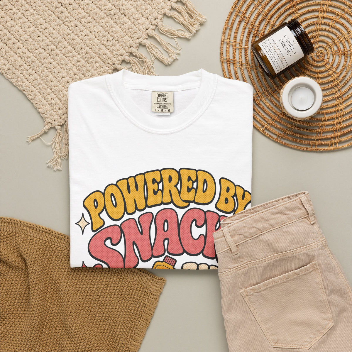 Powered by Snacks and Spite T-shirt - White - flat lay