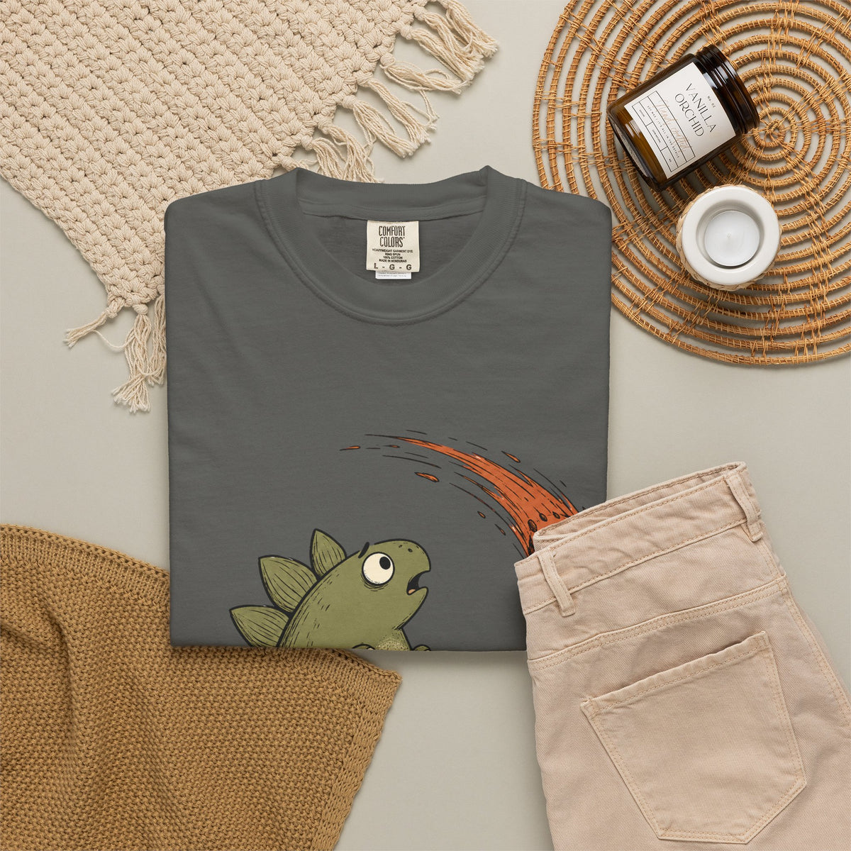 Emotionally I'm the Meteor Dinosaur T-shirt - Pepper - Flat Lay