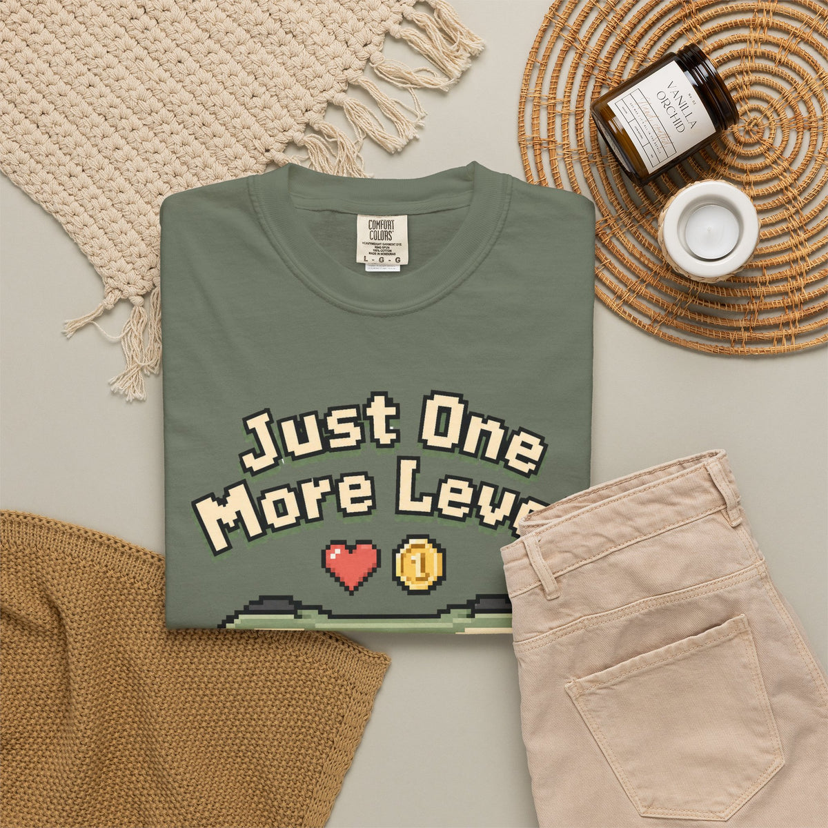 Just One More Level T-Shirt - Moss - Flat Lay