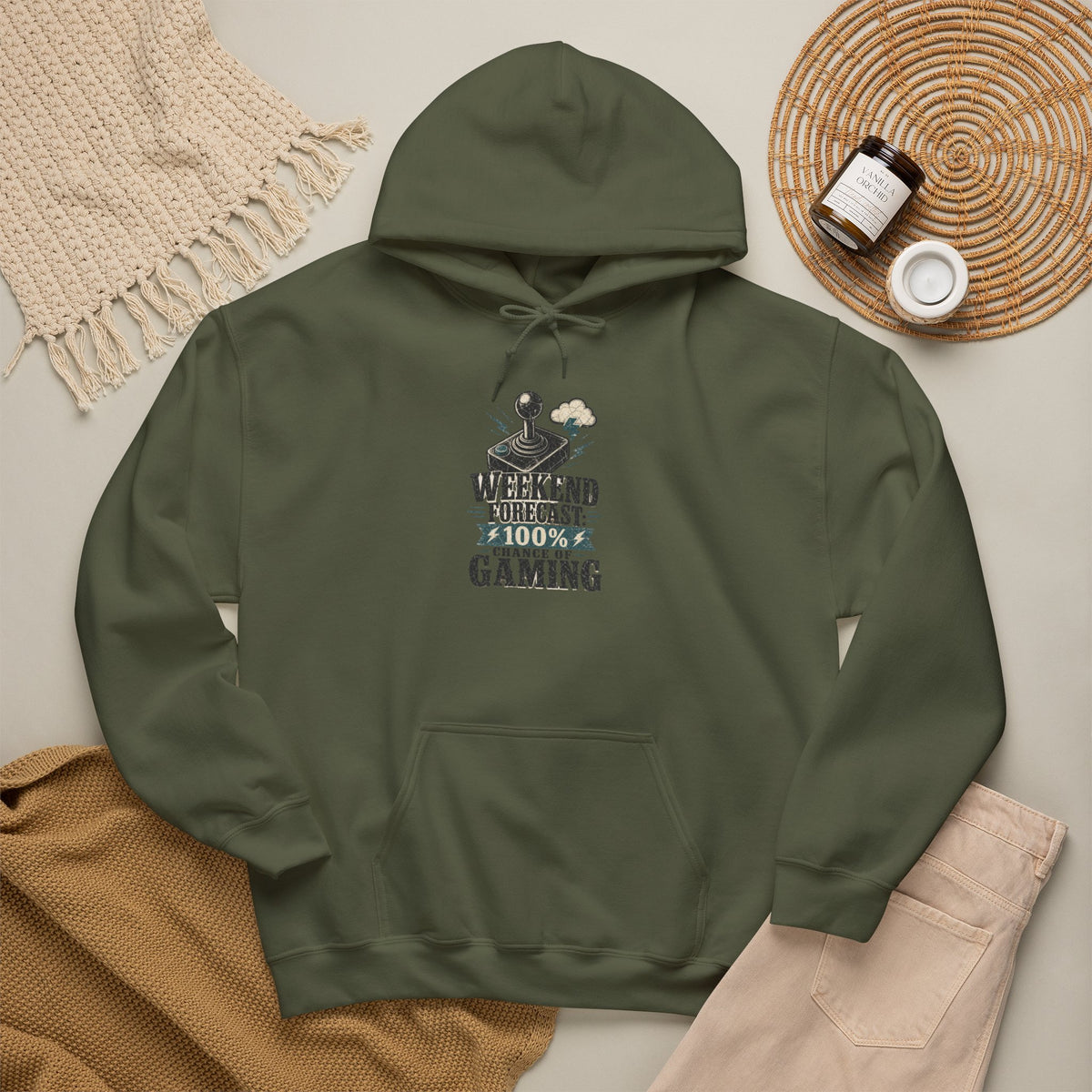 Weekend Forecast 100% Gaming Hoodie - Military Green - Flat Lay
