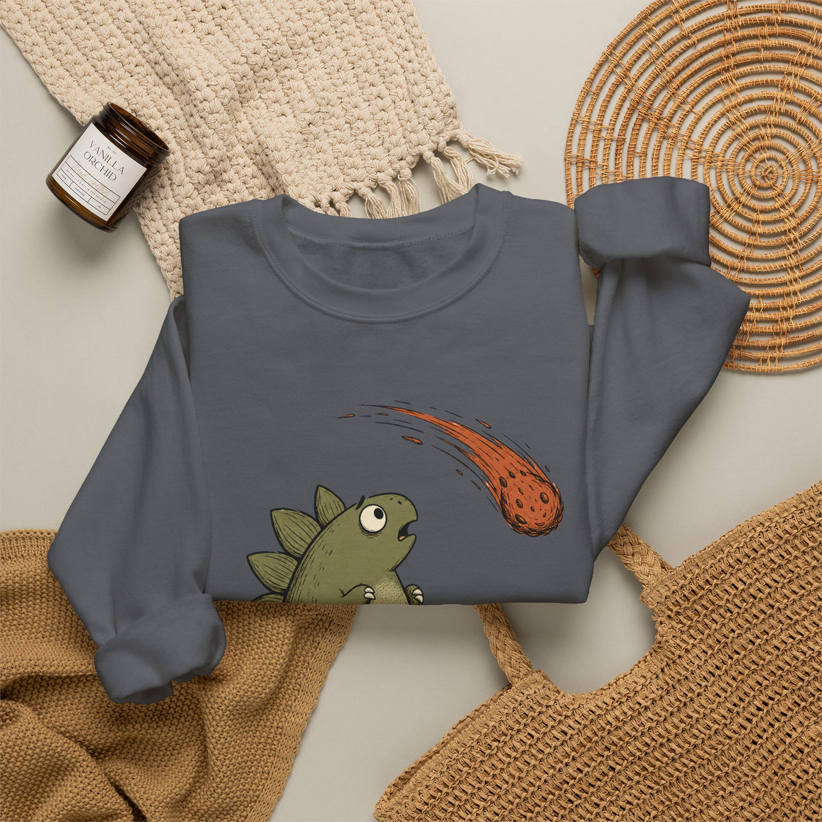 Emotionally I’m the Meteor Dinosaur Sweatshirt - Charcoal - Flat Lay