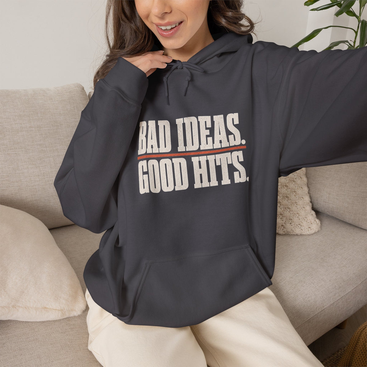 Bad Ideas. Good Hits. Hoodie - Charcoal - On Model Female