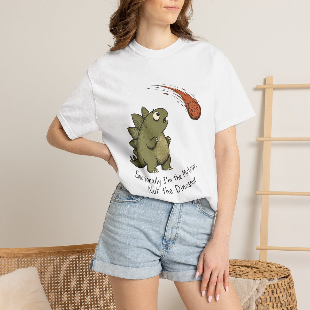 Emotionally I’m the Meteor Dinosaur T-shirt - White - On Model Female