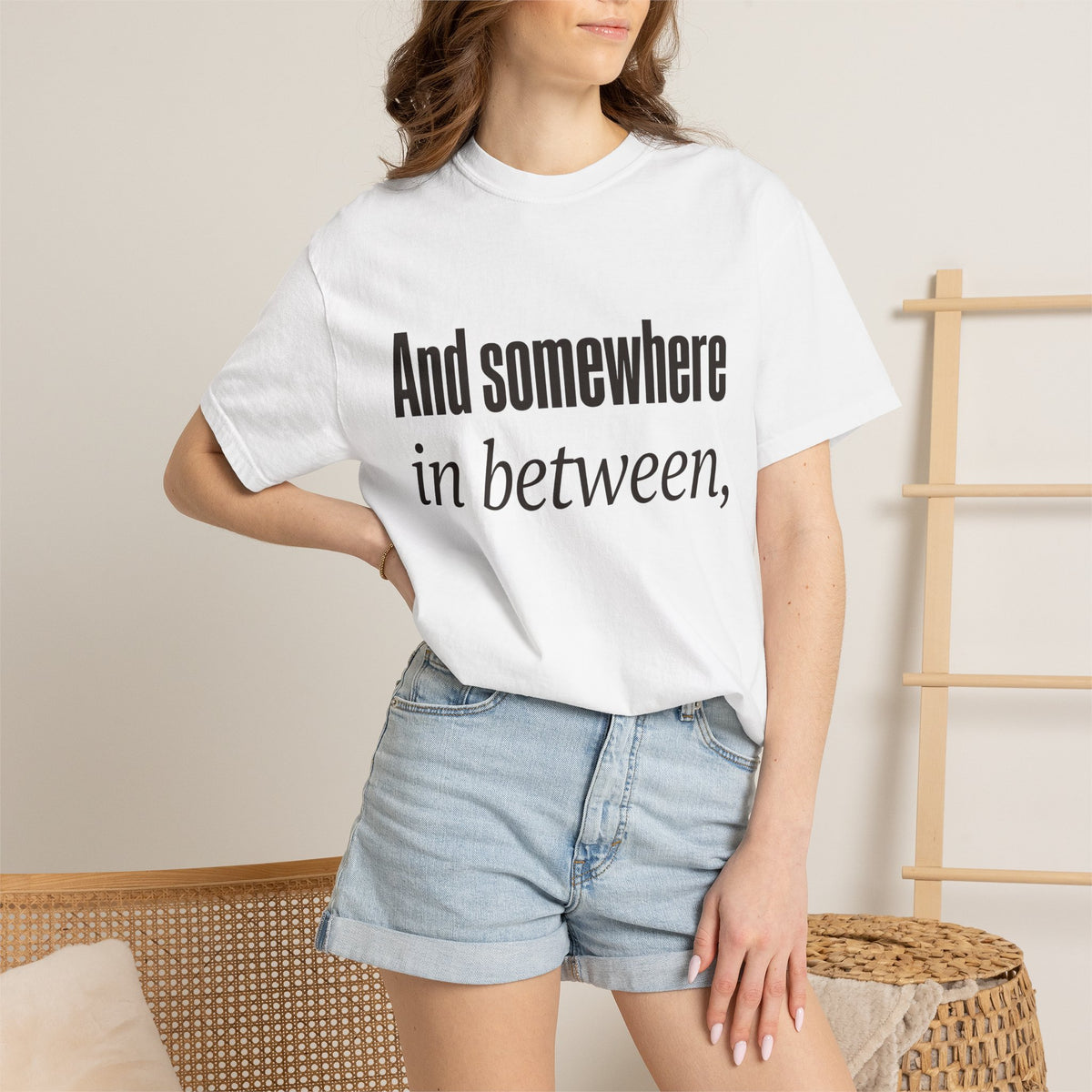 And Somewhere In Between T-shirt - White - On Model Female