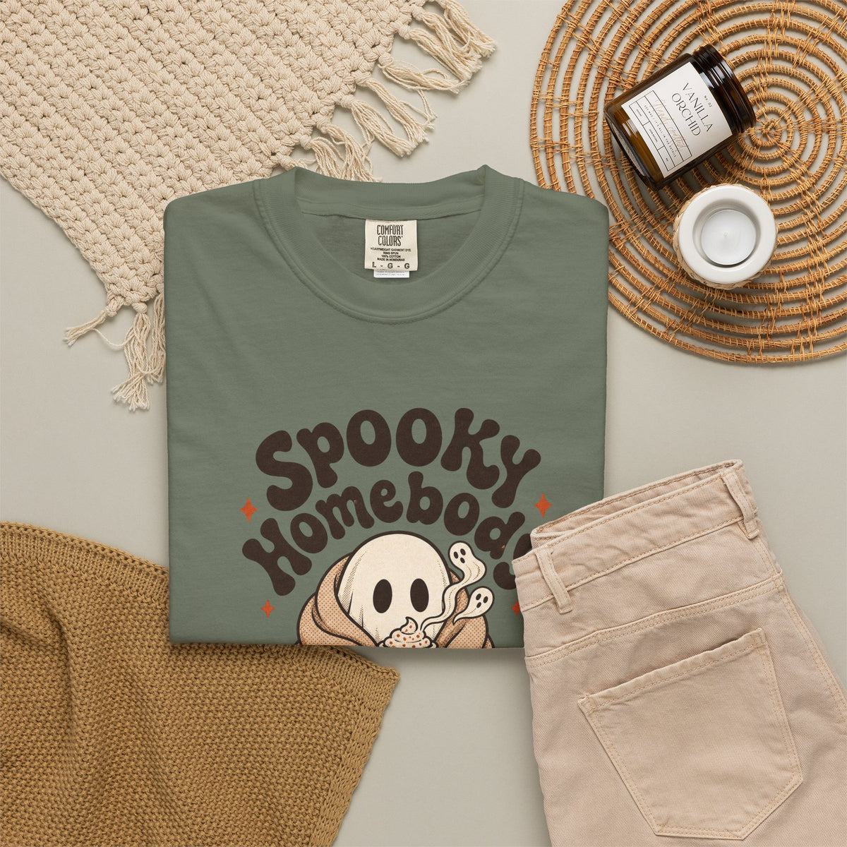 Spooky Homebody Ghost  T-Shirt - Moss - Flat Lay