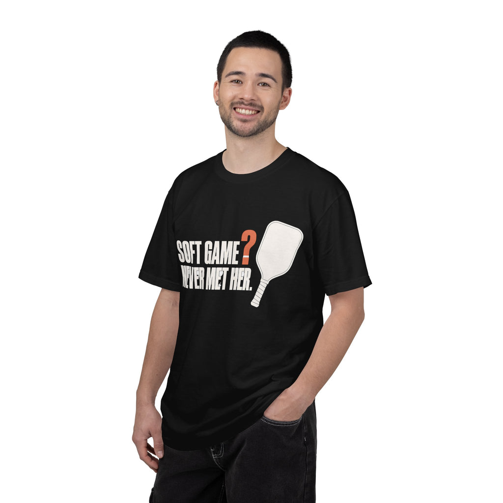 Soft Game? Never Met Her T-Shirt - Black - On Model Male