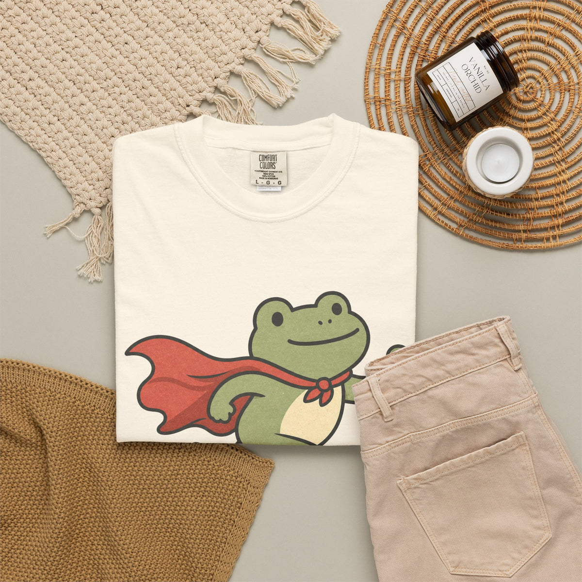 Superhero Frog running illustration T-shirt - Ivory - Flat Lay