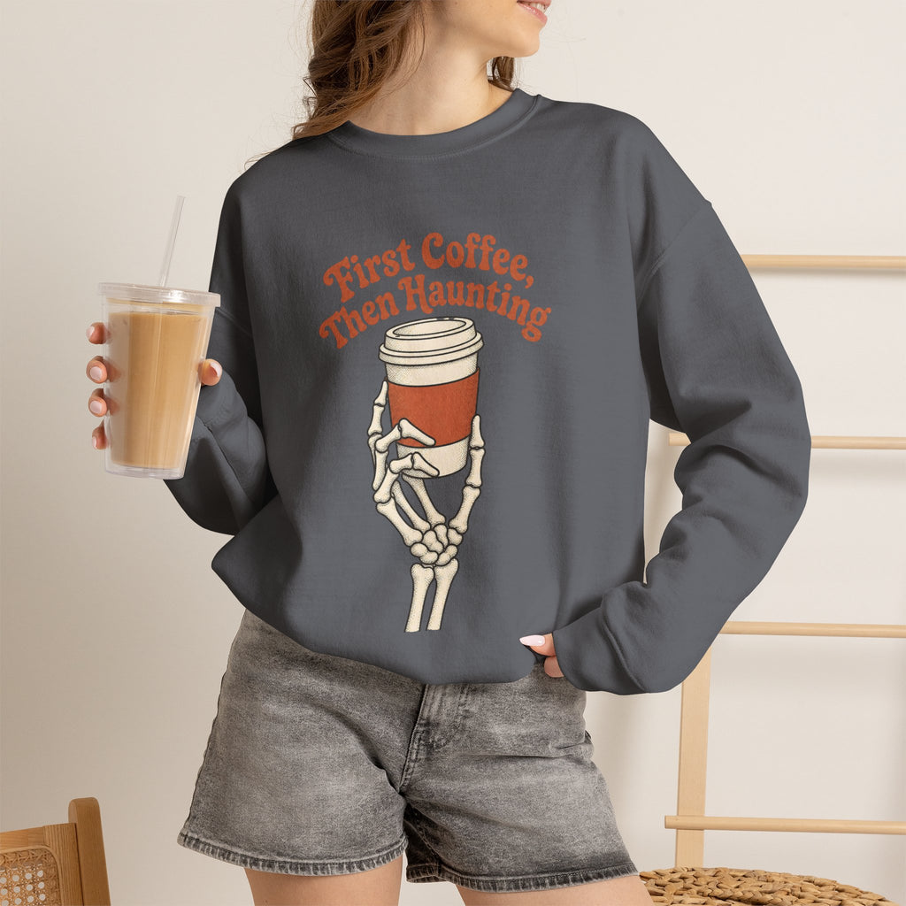 First Coffee Then Haunting Sweatshirt - Charcoal - On Model Female