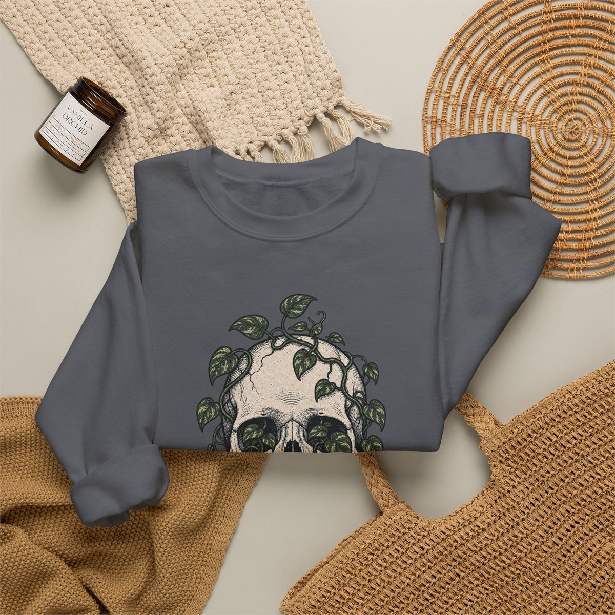 Skull with Ivy Leaves Sweatshirt - Charcoal - flat lay