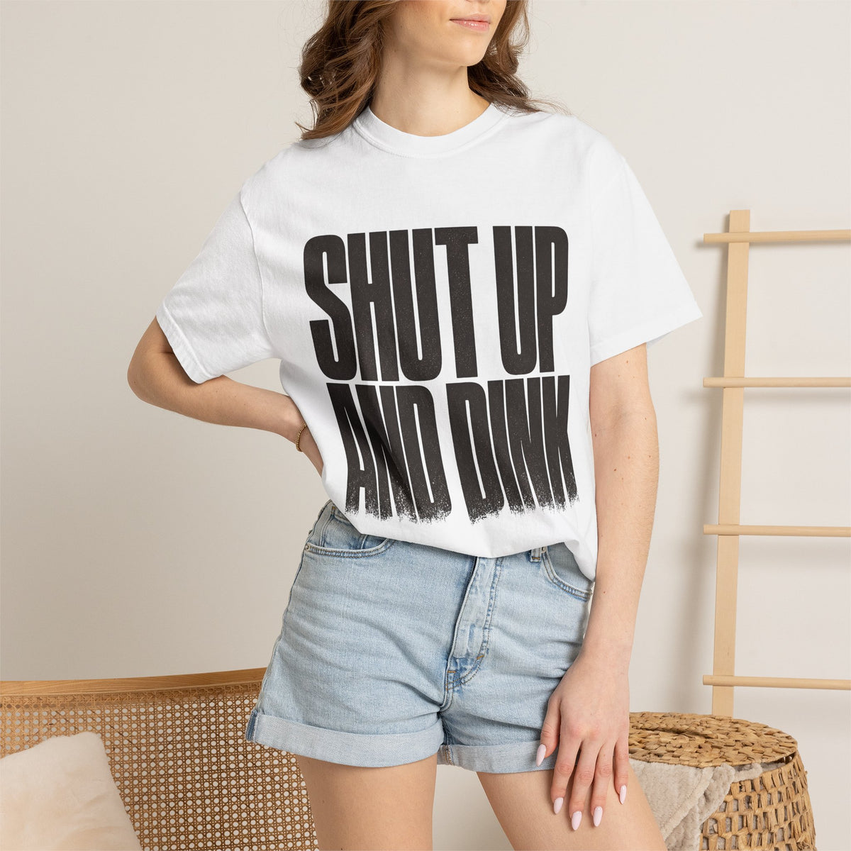Shut Up and Dink T-Shirt - White - On Model Close-Up
