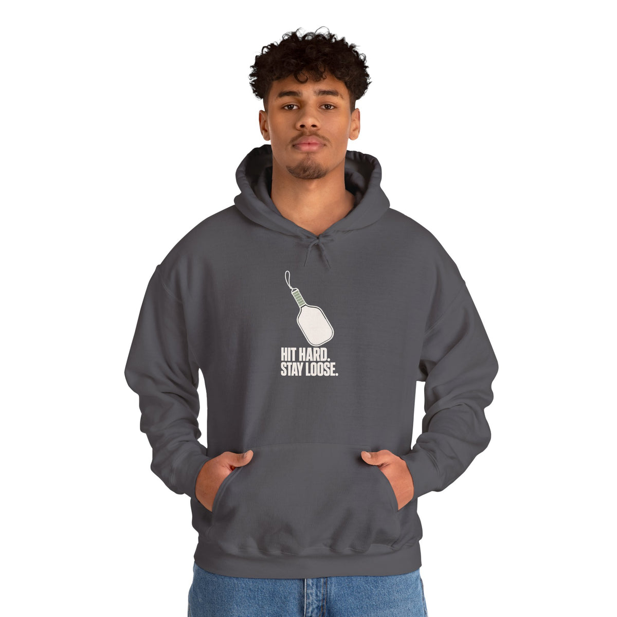 Hit Hard, Stay Loose Hoodie - Charcoal - On Model Male