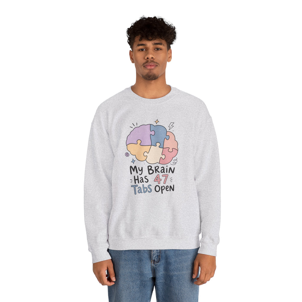 My Brain Has 47 Tabs Open Sweatshirt - Ash - On Model Male