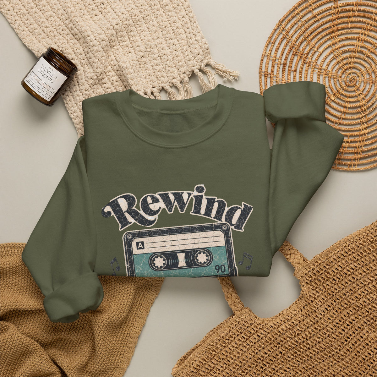 Retro Cassette Tape Sweatshirt - Military Green - Flat Lay