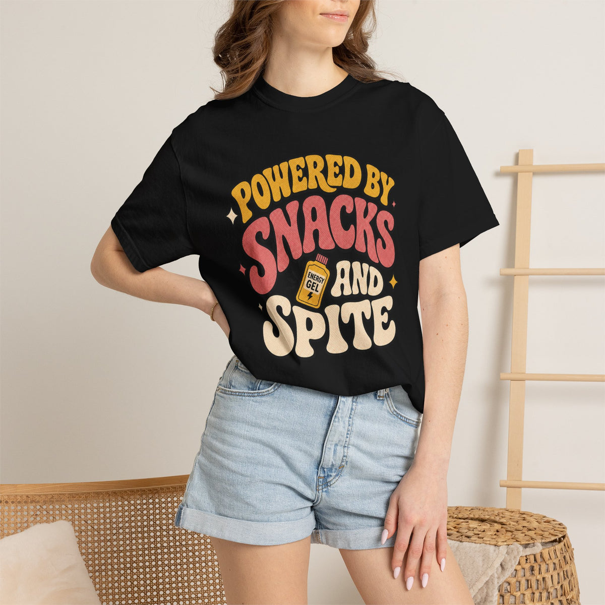 Powered by Snacks and Spite T-shirt - Black - On Model Female