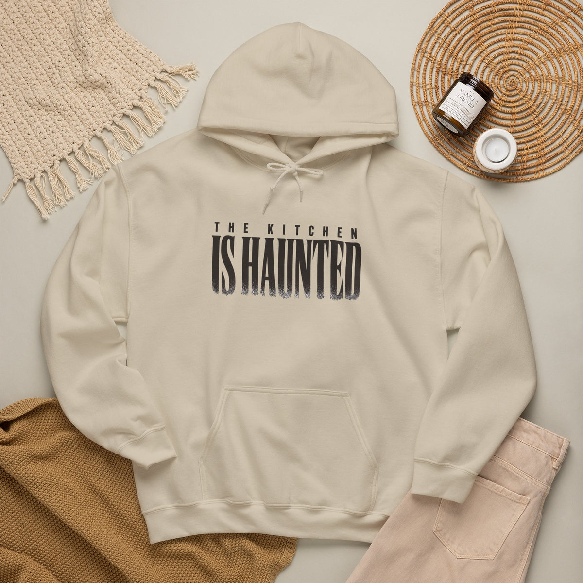 The Kitchen Is Haunted Hoodie - Sand - Flat Lay