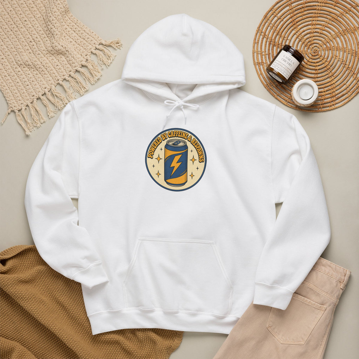 Caffeinated Energy Can Hoodie - White - Flat Lay