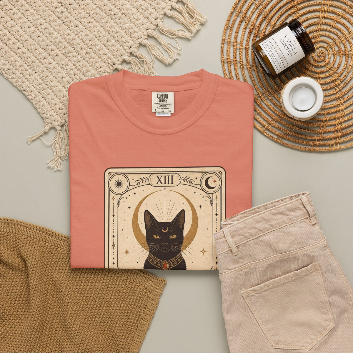 Black Cat Tarot Card T-shirt - Terracotta - flat lay