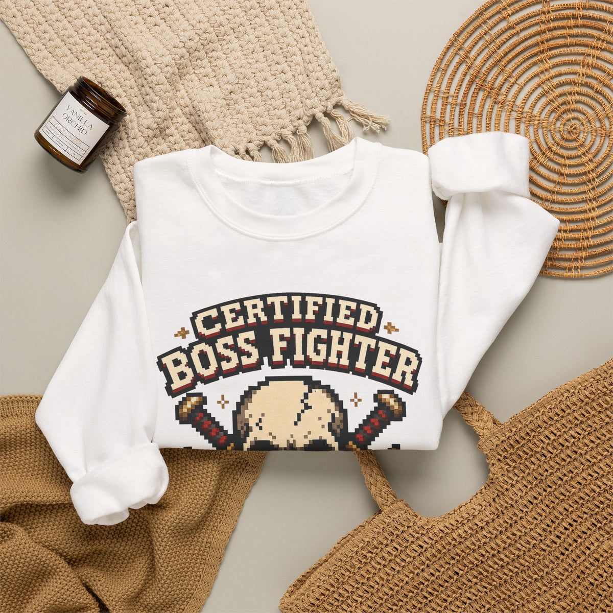 Certified Boss Fighter Sweatshirt - White - Flat Lay