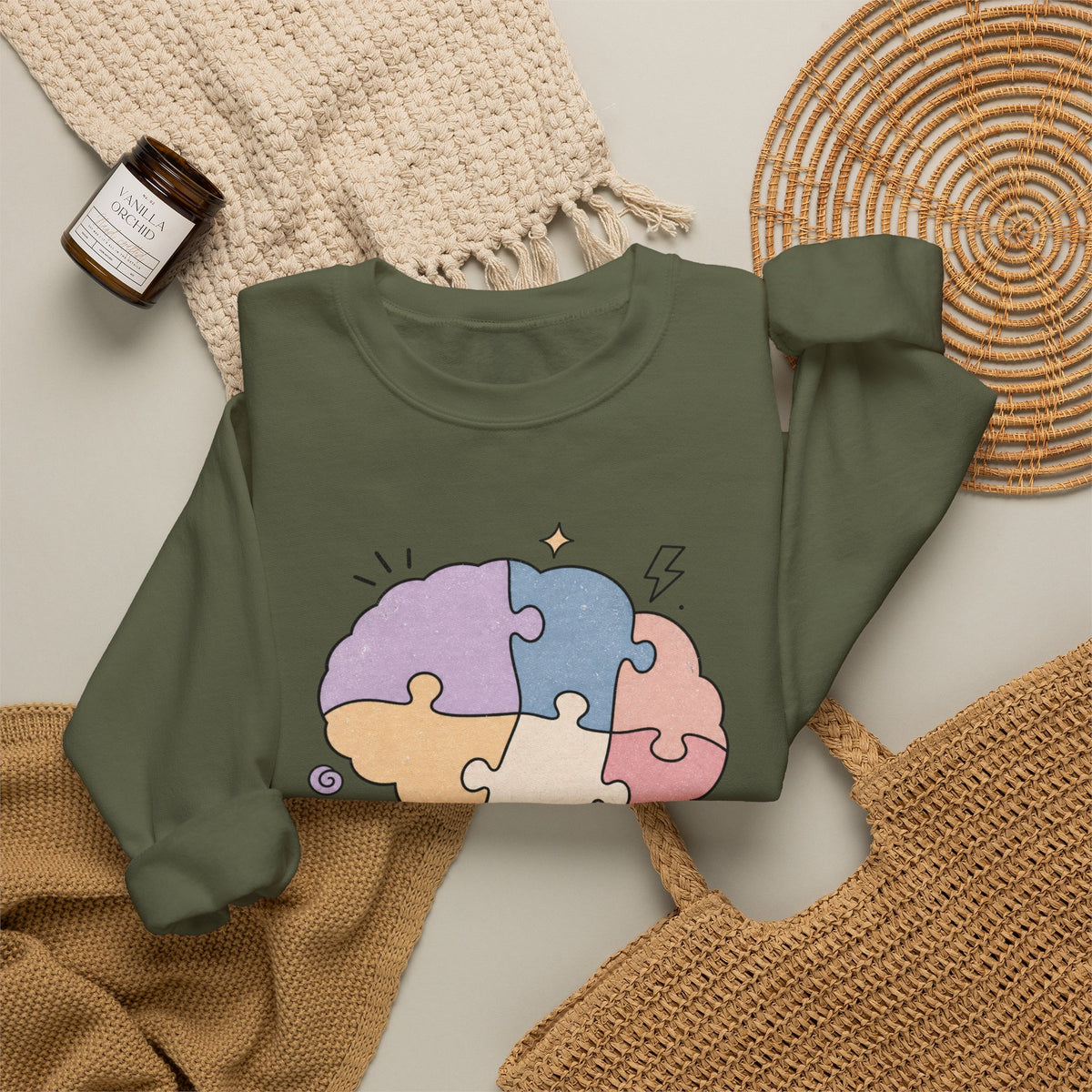 My Brain Has 47 Tabs Open Sweatshirt - Military Green - Flat Lay