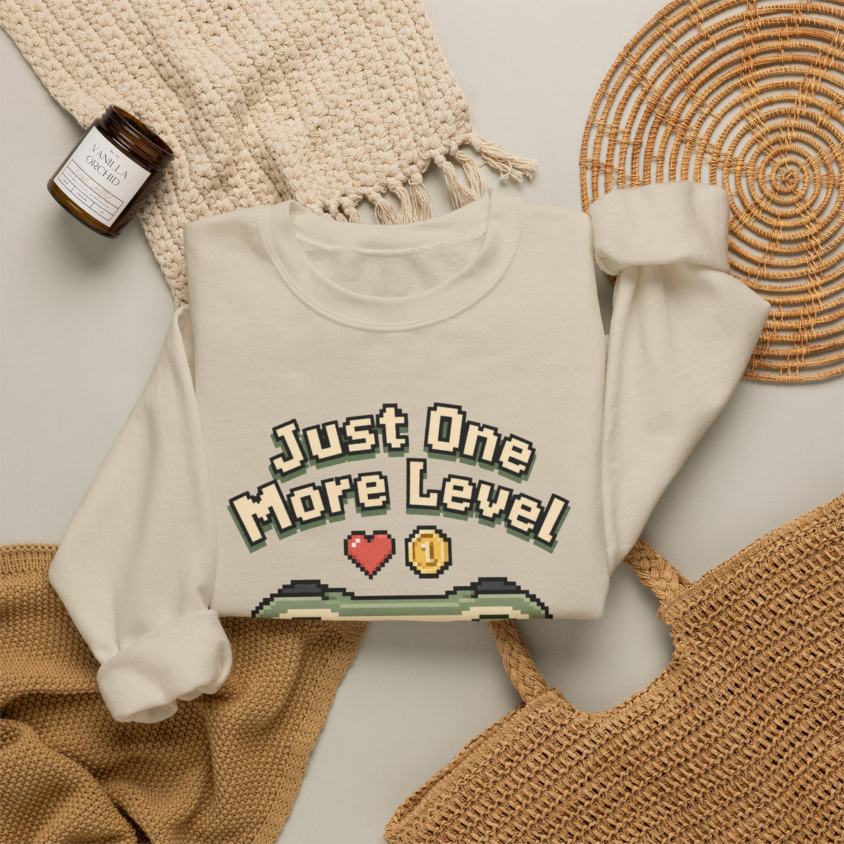 Just One More Level Sweatshirt - Sand - Flat Lay