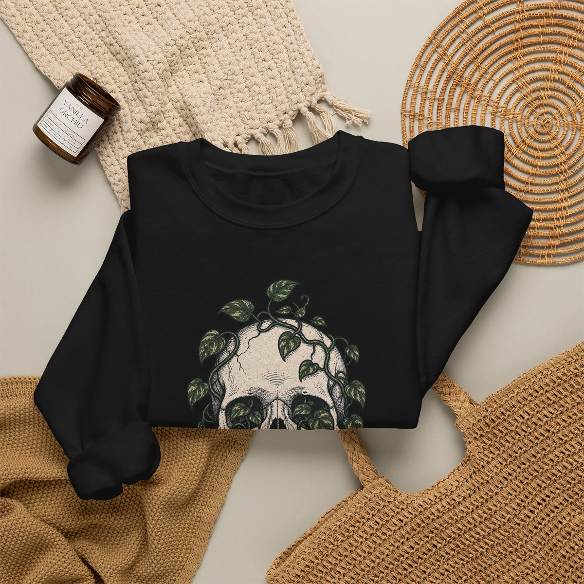 Skull with Ivy Leaves Sweatshirt - Black - flat lay