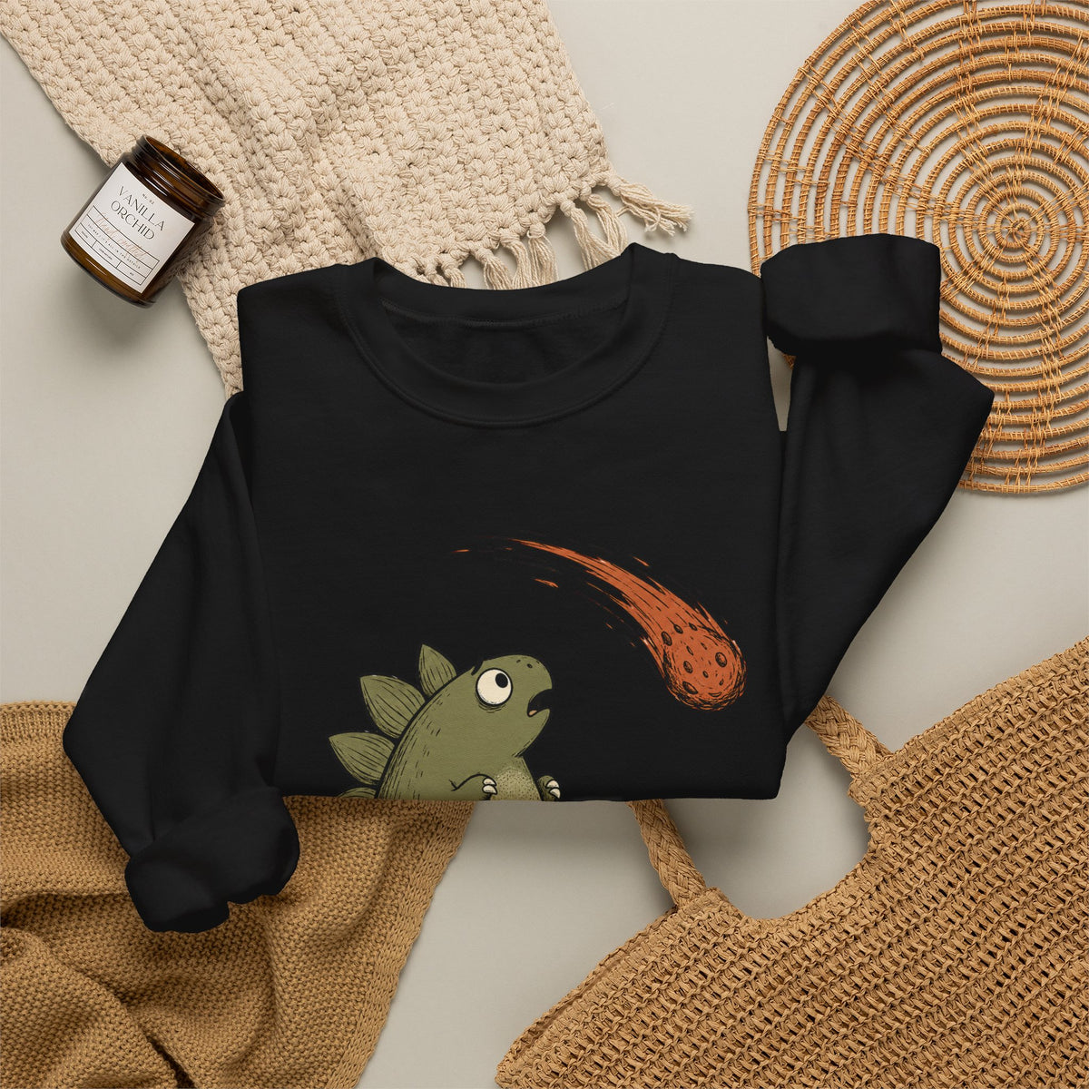 Emotionally I’m the Meteor Dinosaur Sweatshirt - Black - Flat Lay