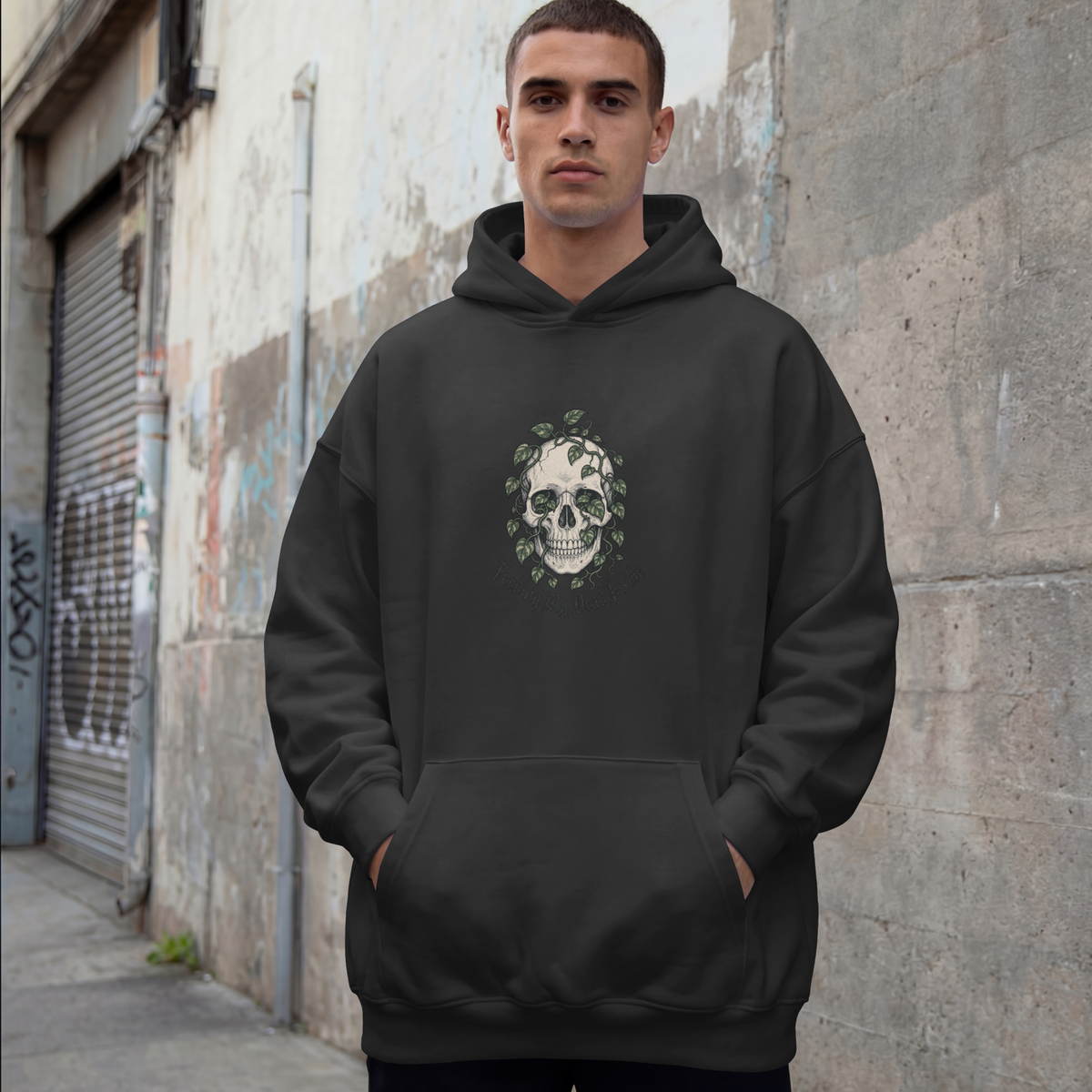 Skull with Ivy Leaves Hoodie - Black - on model male