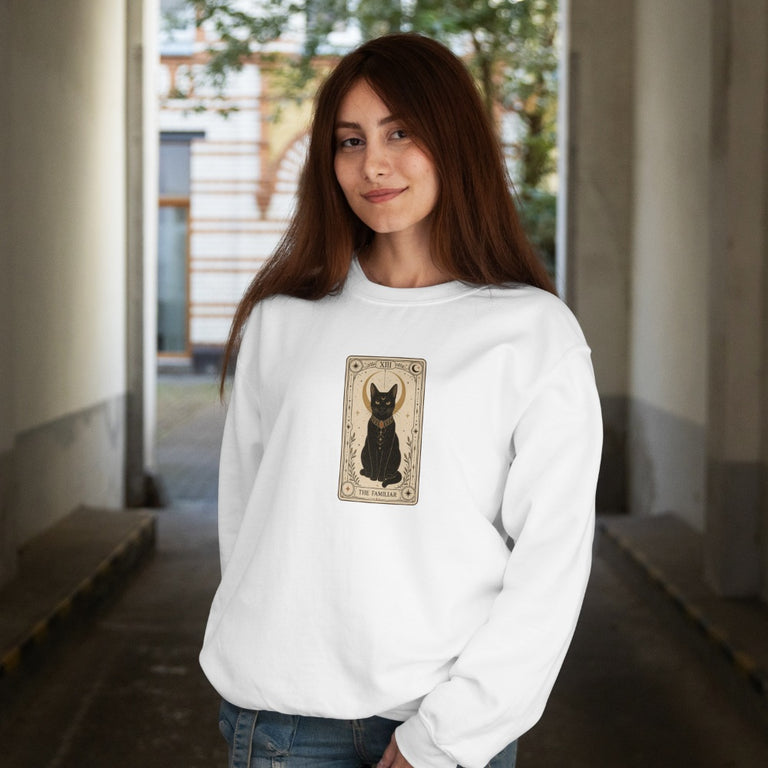 Black Cat Tarot Card Sweatshirt - White - On Model Female