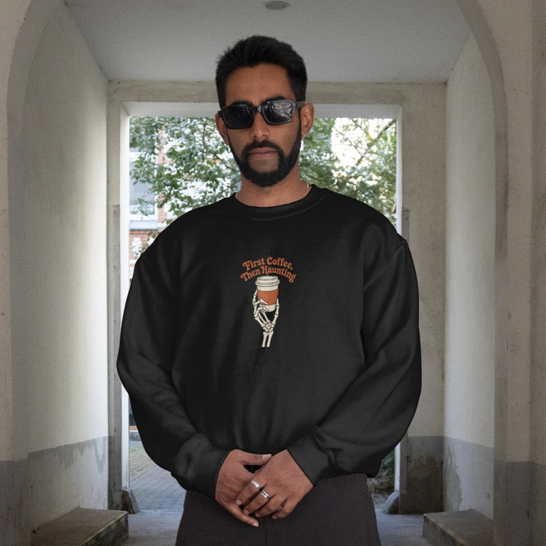 First Coffee Then Haunting Sweatshirt - Black - On Model Male