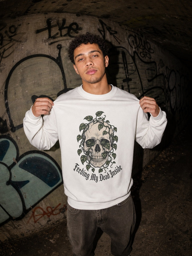 Skull with Ivy Leaves Sweatshirt - White - On Model Male