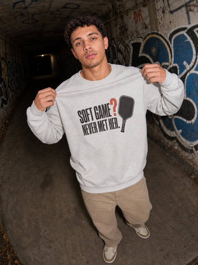 Soft Game? Never Met Her Sweatshirt - Ash - On Model Male